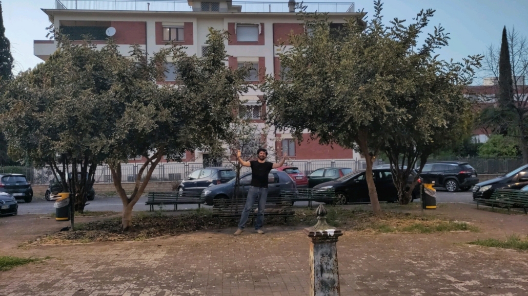 Gabriele Primavera raising his hands among a couple of carob trees he planted himself in a public square in Latina (Italy)