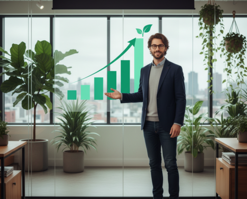 An elegant speakperson shows a growing green bar graph in an office with plants