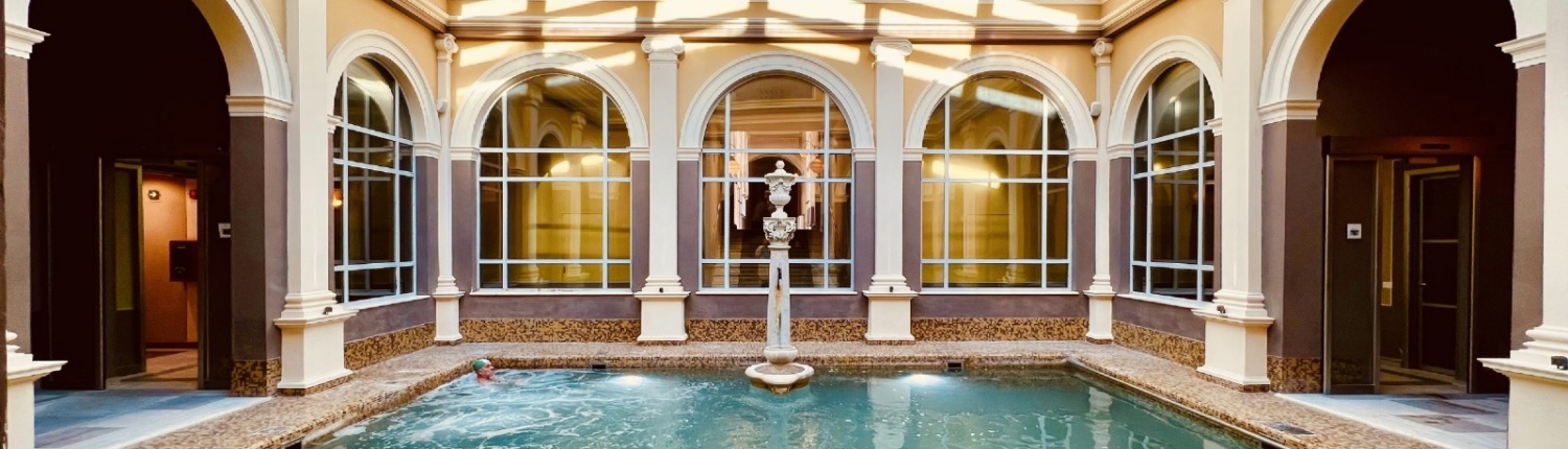 One of the rooms of the spa built arounde the hot Springs in San Giuliato Terme (Pisa, Italy), with a glass ceiling.