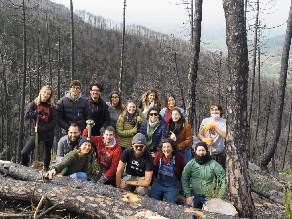 Gabriele Primavera in team building on Mount Serra (Pisa, Italy) with ShippyPro Gabriele Primavera insieme ad un gruppo di 15 persone in una foresta bruciata