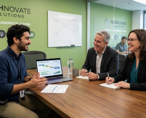 An employee speaks with his superiors about a project in a relaxed environment