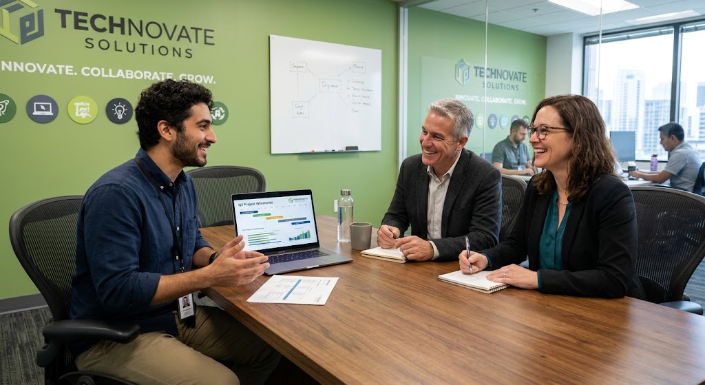 Talk with key figures in your company An employee speaks with his superiors about a project in a relaxed environment